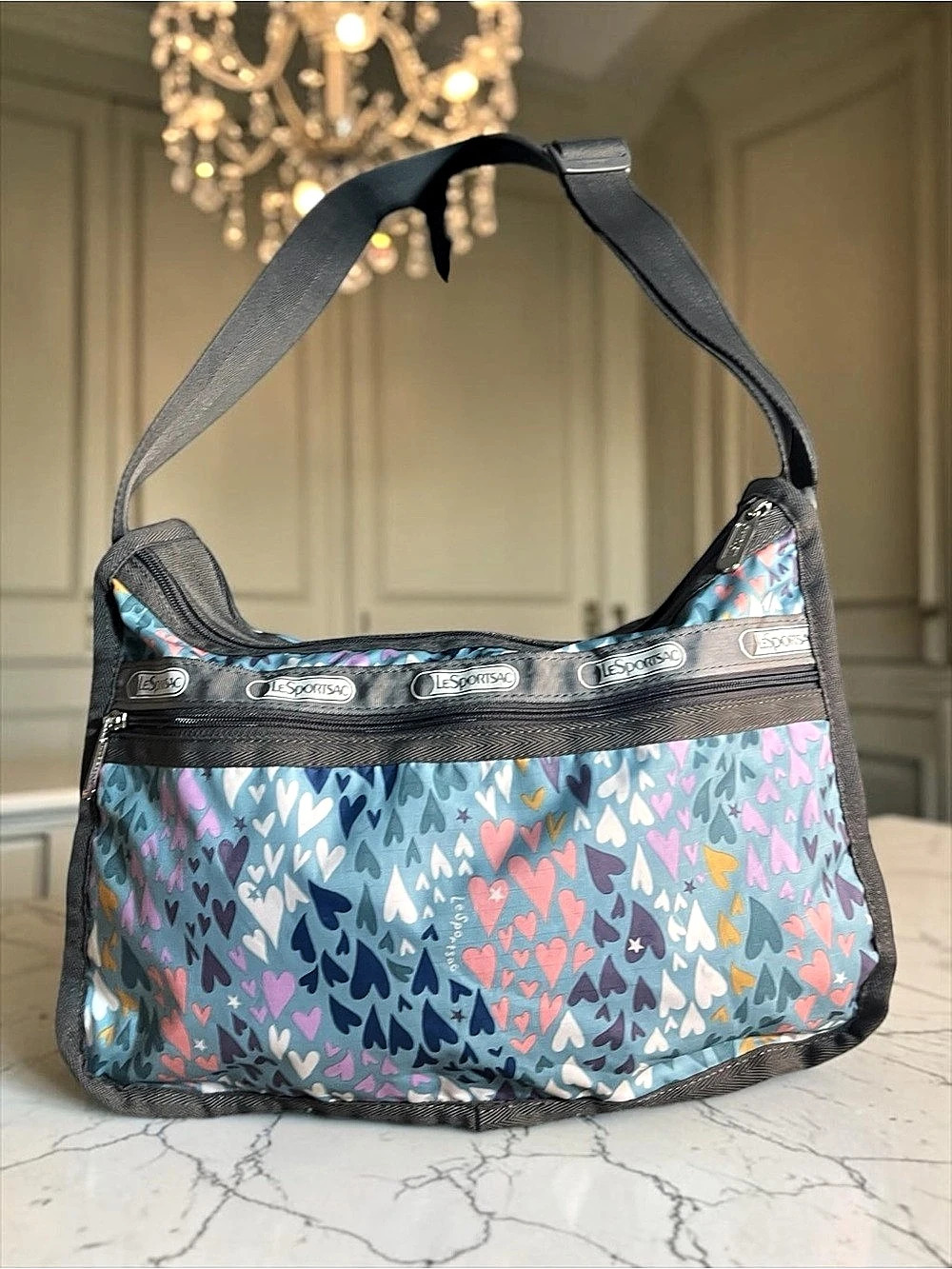 LeSportsac Deluxe Everyday Bag Heart Print Shoulder Bag Blue & Pink